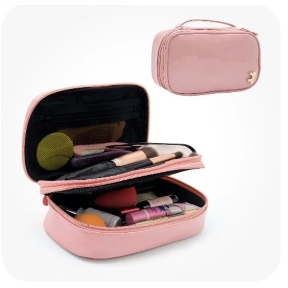 Pink Patent Double Layer Makeup Bag Travel Cosmetic Case with Gold Bow Accent